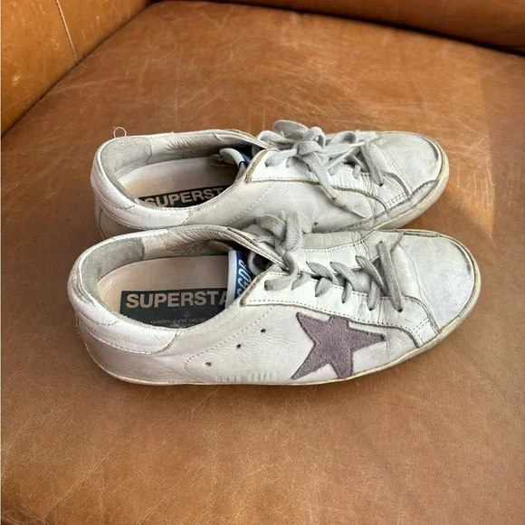 Golden Goose Superstar GGDB low top distressed sneakers with purple stars - Picture 1 of 12
